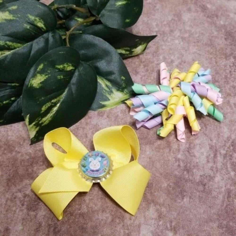 Happy Easter Girls Hairbow Bundle Easter Bunny Multicolor Ribbon Handmade